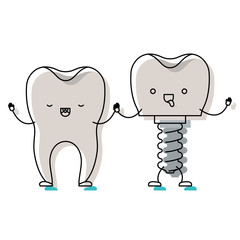 tooth and tooth implant with screw and holding hands in cartoon and watercolor silhouette
