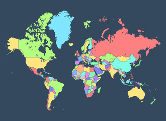 Political map of the world with countries separated by colors on a dark background. Highly detailed vector illustration