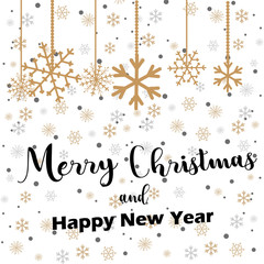 Fototapeta na wymiar Merry Christmas lettering with golden and silver ornaments and wreath decoration of stars, snowflakes. happy new year