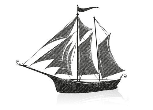 Handgezeichnetes Segelboot auf dem Meer.
Segelschiff Silhouette mit Spiegelung 