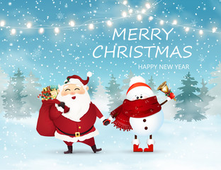 Merry Christmas. Happy new year. Cute, Cheerful Santa Claus with gift bag full of gift boxes, present and little, baby snowman holds jingle bell in Christmas snow scene. Winter landscape.