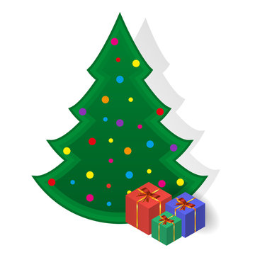 Decorated Christmas tree and gift boxes. Christmas and New Year elements for decoration. Vector
