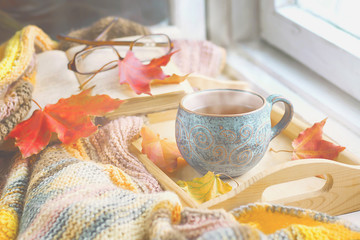 A сup of hot tea, a book and maple leaves on the wooden windowsill. Autumn concept. 