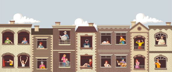 Windows with cartoon people. Buildings in the city.
