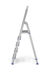 3d rendering of a metal builder's step ladder with blue fittings in side view on a white background.