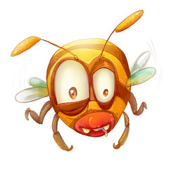 Raster Illustration of a Friendly Cute Bee with fun Expression isolated on white background. Looking to you