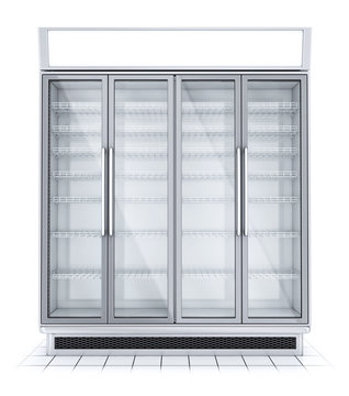 Fridge with transparent glass isolated. Refrigerator showcase on white background. 3d image