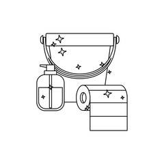 bucket and liquid soap and roll paper towel in monochrome silhouette