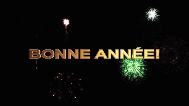 Golden letters happy new year in  French  soar into the dark night sky against a bright festive fireworks