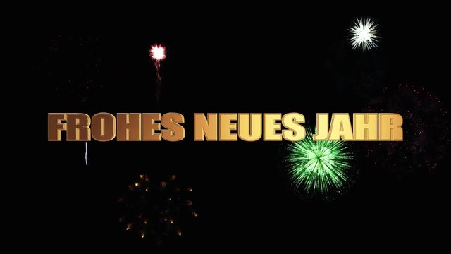 Golden letters happy new year in  German soar into the dark night sky against a bright festive fireworks