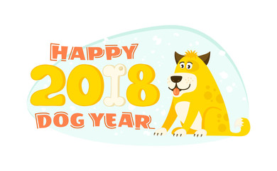 2018 Happy New Year greeting card with yellow cute dog vector illustration. Poster template. Cartoon dog character for your design: symbol, logo, icon etc.