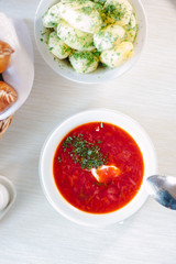 Beautiful ukranian borscht at cafe or restaurant.