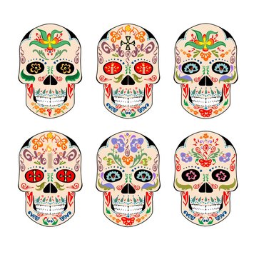 Set of vintage mexican scull with ethnic ornament