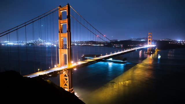 San Francisco Skyline Golden Gate Bridge Reflected On Ocean