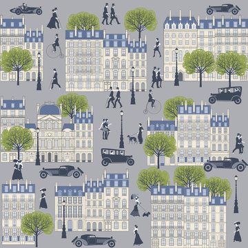 Old street of Paris with walking people and cars. Handmade drawing vector illustration or pattern. Vintage style.