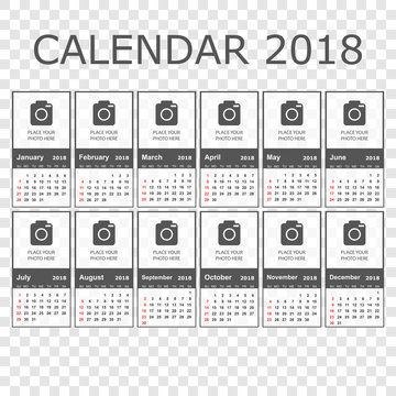 Calendar 2018 year in simple style. Calendar planner design template with place for photo. Week starts on sunday. Business vector illustration.