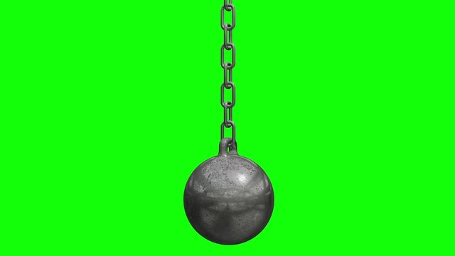 Wrecking ball. Demolition sphere hanging on chains. 3d render video available in 4K FullHD and HD render footage on green screen chroma key