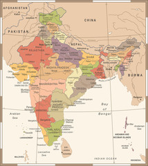 Fototapeta na wymiar India Map - Vintage Vector Illustration