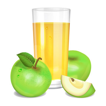Fresh apple juice in glass, green apples and piece of apple. Realistic transparent tall glass of juice, vector illustration on white background.