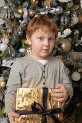 Red-haired boy with a Christmas gift