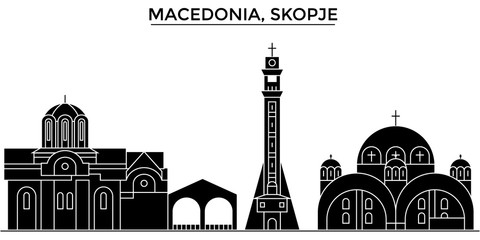 Macedonia, Skopje architecture skyline, buildings, silhouette, outline landscape, landmarks. Editable strokes. Flat design line banner, vector illustration concept.  - obrazy, fototapety, plakaty