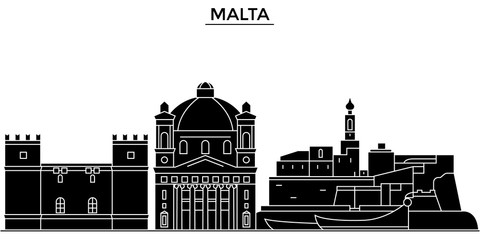 Malta architecture skyline, buildings, silhouette, outline landscape, landmarks. Editable strokes. Flat design line banner, vector illustration concept. 