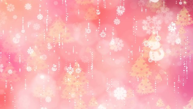 Rose snowflakes and christmas tree are slowly flying. Computer generated seamless loop abstract background.
