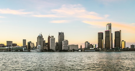 Detroit City Skyline at dusk as viewed from Windsor, Ontario, Canada.