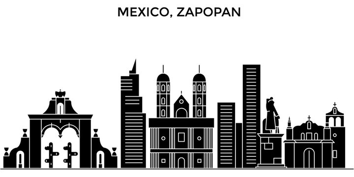Mexico, Zapopan architecture skyline, buildings, silhouette, outline landscape, landmarks. Editable strokes. Flat design line banner, vector illustration concept. 
