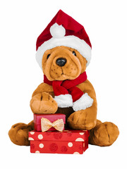 dog in Santa Claus clothes with gifts