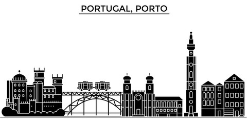 Portugal, Porto architecture skyline, buildings, silhouette, outline landscape, landmarks. Editable strokes. Flat design line banner, vector illustration concept.  - obrazy, fototapety, plakaty