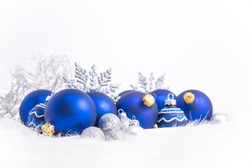 Arrangement of blue Christmas ornaments