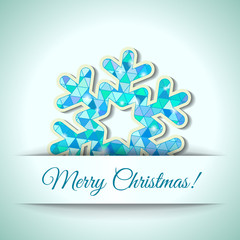 Christmas greeting card. Abstract snowflake of triangular shapes. Applique background.