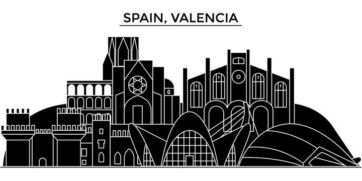 Spain, Valencia architecture skyline, buildings, silhouette, outline landscape, landmarks. Editable strokes. Flat design line banner, vector illustration concept. 
