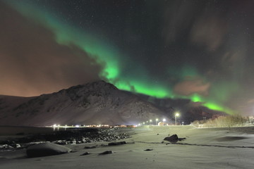 Aurora borealis-Polar lights-Northern lights over Vareid beach. Flakstadoya island-Lofoten-Norway. 0459