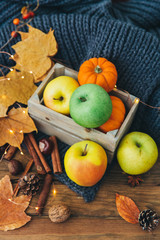 Naklejka na ściany i meble Autumn composition over wooden background. Apples, pumpkin and leaves.