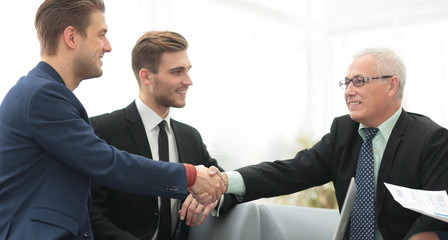 Partners concluding deal and shaking hands in the presence of team members