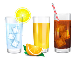 Three realistic glasses of drinks. Cola with straw. Yellow orange juice and piece of fruit. Water with ice cubes. Vector illustration on white background.