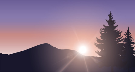 Image landscape of woodland and mountains. Sunset