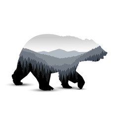Naklejka premium Sylwetka niedźwiedzia z panoramą gór. Szare odcienie.