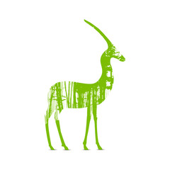   Woodland eco banner. Wildlife. Green pure forest on the background of silhouette of antelope .