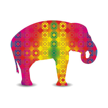   Silhouette of elephant with colorful seamless textile.