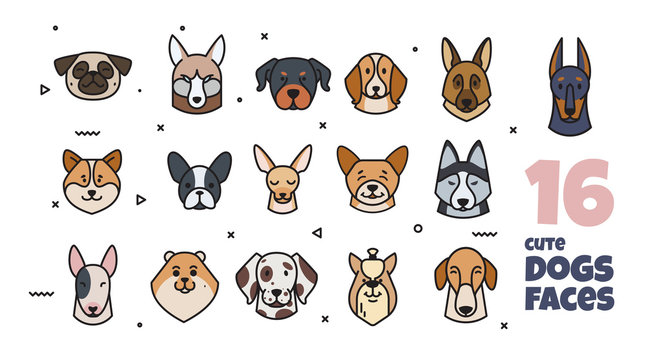 Template label design with different breeds of dogs.