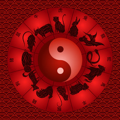 Set of stylized Chinese Zodiac Signs of animals are around the yin yang sign, cut silhouette in burgundy with hieroglyphs of animal names, red chinese ancient style waves pattern background