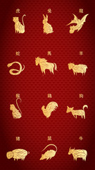 Fototapeta na wymiar Set of stylized Chinese Zodiac Signs of animals, cut silhouette in gold with hieroglyphs of animal names, red chinese ancient style waves pattern background