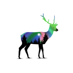 Silhouette of deer with coniferous trees on the background of colorful sky.  Moon. Night. Northern lights.
