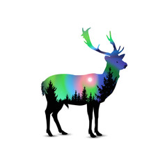 Silhouette of deer with coniferous trees on the background of colorful sky.  Moon. Night. Northern lights.