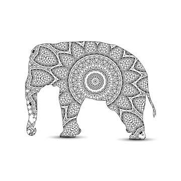 Silhouette of elephant with king`s circular ornament.  Zentagle art.