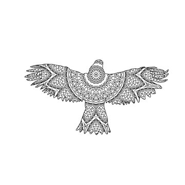 Silhouette of flying eagle with king`s circular ornament.  Zentagle art.