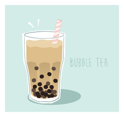 Milky boba drink - Milk bubble tea with tapioca balls in a glass with a straw